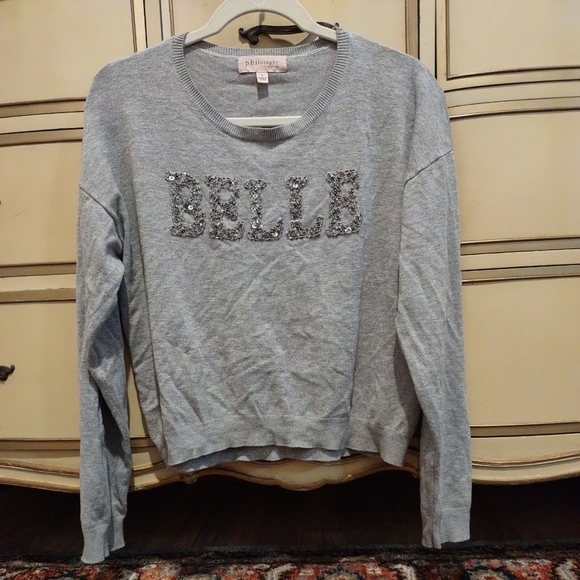Philosophy Gray Cropped Top Long Sleeves Size L w/ BELLE Beaded Word - Picture 10 of 14